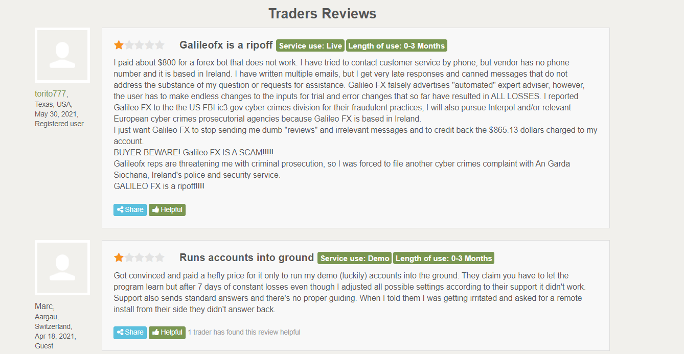 GALILEO FX customer reviews