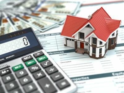 Mortgage calculator. House, noney and document