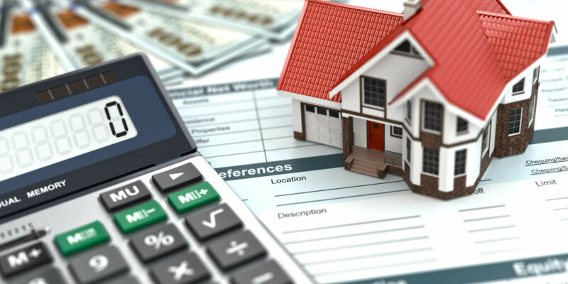 Mortgage calculator. House, noney and document