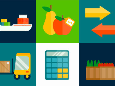 Import export fruits and vegetables delivery vector icons set. Shipping shop commerce container sign.