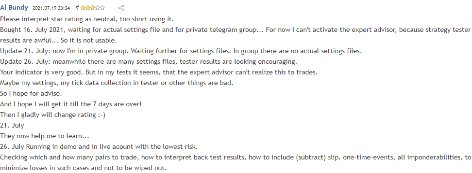 A user review complaining of the poor real trading performance