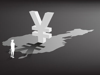 Silhouette of businessman standing with money yuan currency icon 3D with shadow on china map