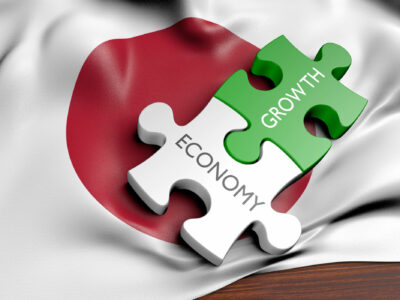 puzzle of the words "growth, economy" against the background of the Japanese flag