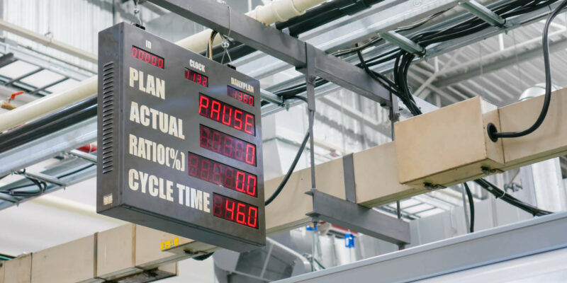 Operation ratio display board in industrial production line with digital numerical. Industry performance theme.