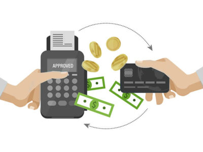 Pos terminal and payments systems. Financial transactions. Hand hold a bank card and payment terminal for the successful payment process.