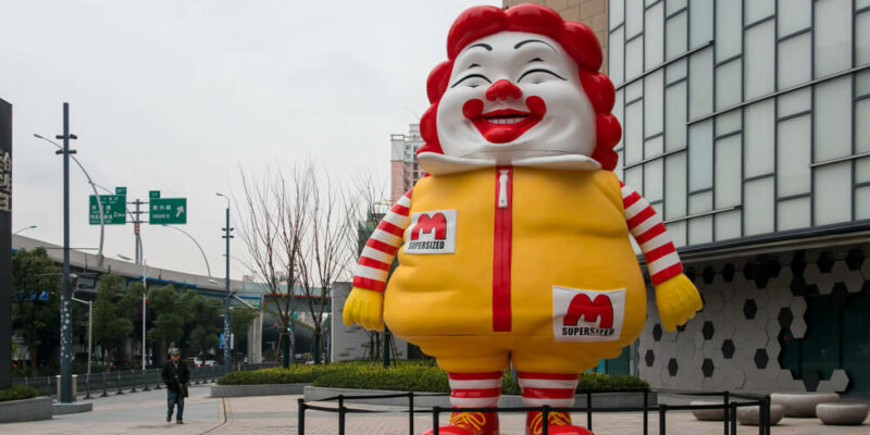 A 10-meter-tall chubby Ronald McDonald sculpture is on display at Wujiaochang shopping area in Yangpu District, Shanghai, China, 7 January 2019.