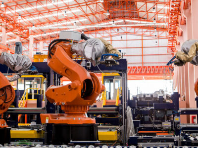 Robots welding in a production line