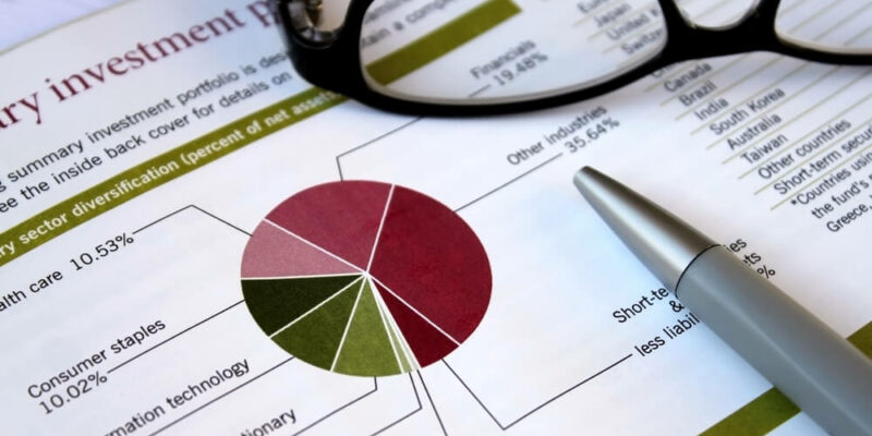 Financial concept - pie chart showing investment portfolio breakdown, glasses and pen support analysis,review theme
