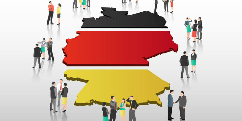 Business people vector with german flag and country outline on grey background