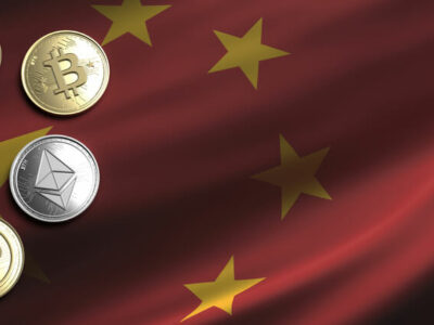 Cryptocurrency, blockchain technology, mining in China concept. Bitcoin, ripple, litecoin, eos, ethereum coins set on chinese flag background