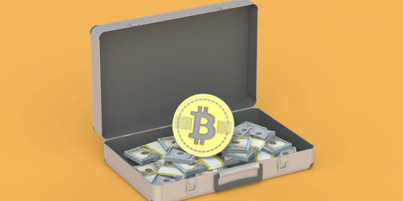 An open suitcase with money next to a bitcoin coin. Exchange, cashing of virtual currency. Investing, reinvesting in mining and cryptocurrency. 3d render