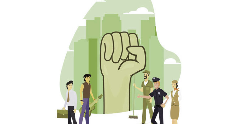 raised hand, people of different profession. vector illustration