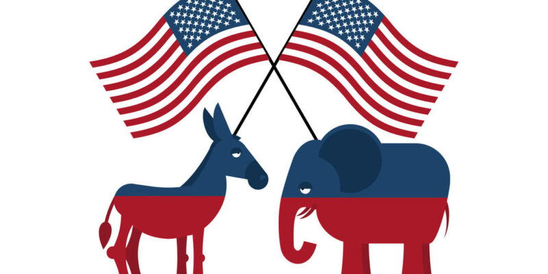 Elephant and donkey. Symbols of Democrats and Republicans. Political parties in United States. Illustration for election, debate in America. Democrat Donkey and Republican Elephant opposition. USA flag
