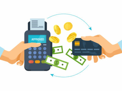 Pos terminal and payments systems. Financial transactions. Hand hold a bank card and payment terminal for the successful payment process. Credit card payment at pos terminal. Vector illustration.