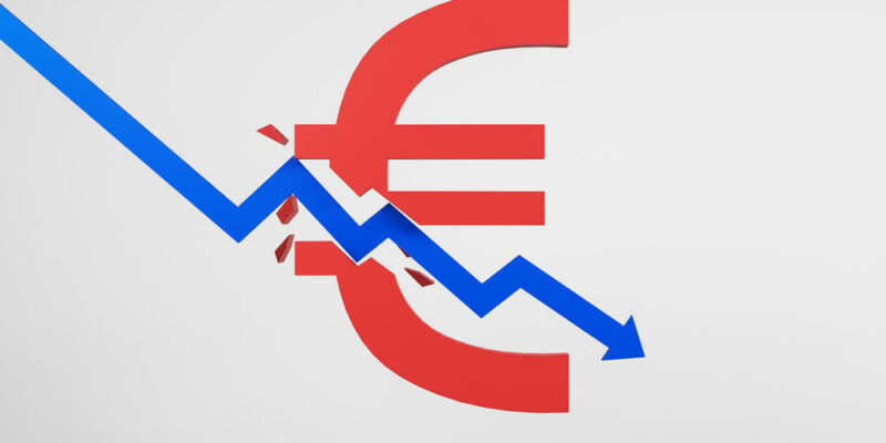 Abstract downward blue arrow breaking red euro sign on white background. Economy and decrease concept. 3D Rendering