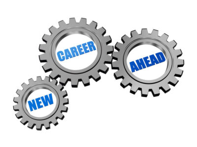 new career ahead - words in 3d silver grey metal gear wheels, business professional growth concept