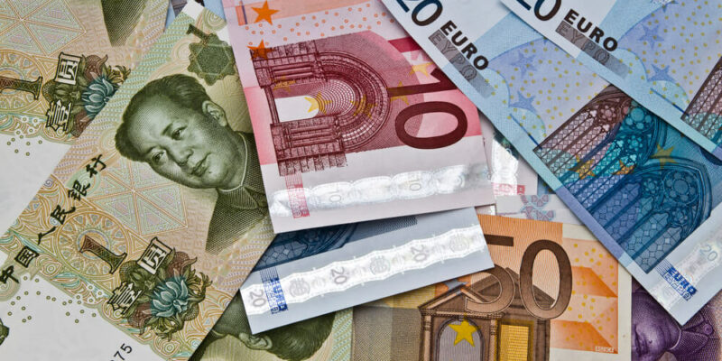 Chinese money and euro currency closeup
