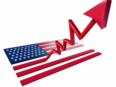 Booming American economy growth and economic United States GDP increase as a US flag transforming into an upward rising arrow as a 3D illustration.