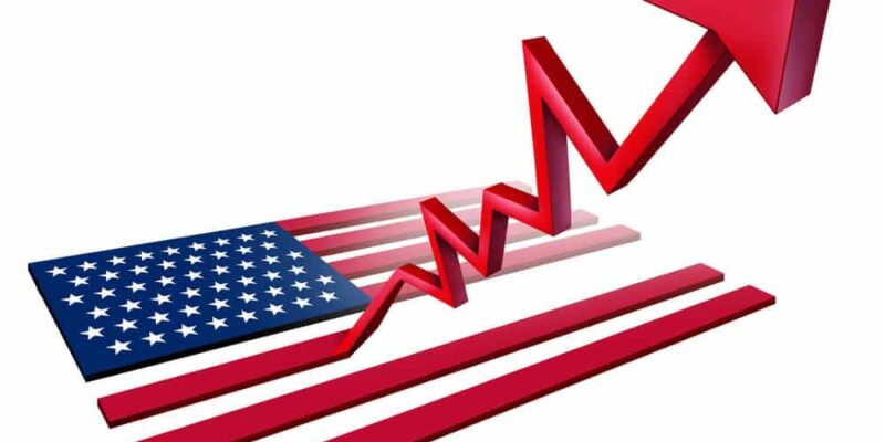 Booming American economy growth and economic United States GDP increase as a US flag transforming into an upward rising arrow as a 3D illustration.