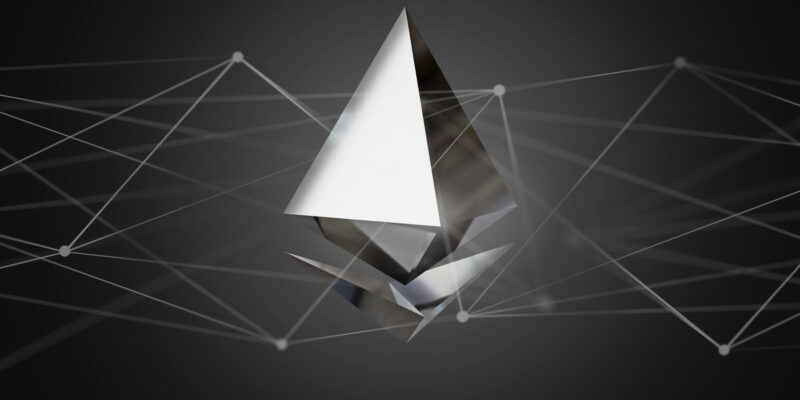 View of a Ethereum crypto currency sign flying around a network connection - 3d render