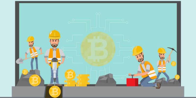 Cryptocurrency concept. businessman, miner with shovel and digging tools working in the mine under laptop for making money with coins or bitcoin in online. vector illustration