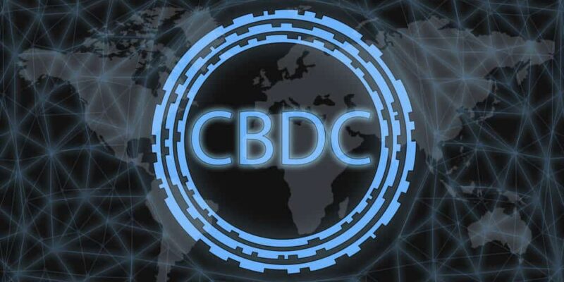 CBDC (Central Bank Digital Currency) Abstract Cryptocurrency. With a dark background and a world map. Graphic concept for your design.