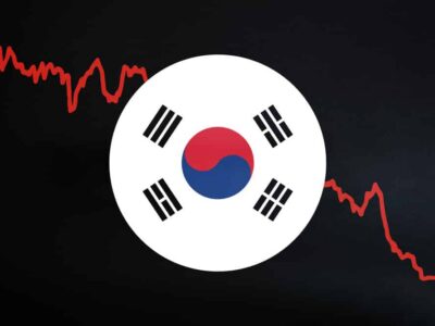 South Korean and financial chart on black background.