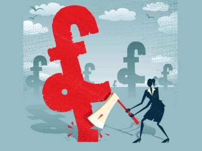 Abstract Businesswoman cuts down the Pound. Great illustration of Retro styled Businesswoman cutting down a giant UK Pound Tree with her razor sharp Axe.