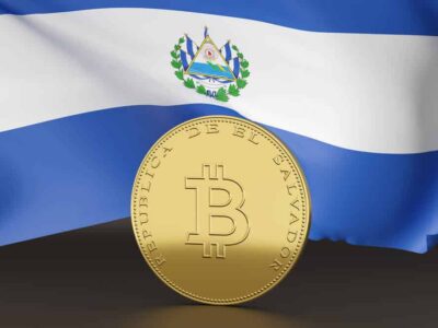 Coin with the bitcoin symbol and the text "El Salvador republic" in spanish. 3d illustration.