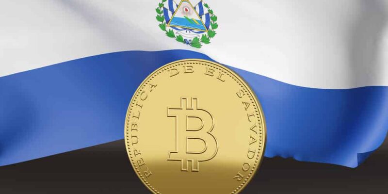 Coin with the bitcoin symbol and the text "El Salvador republic" in spanish. 3d illustration.