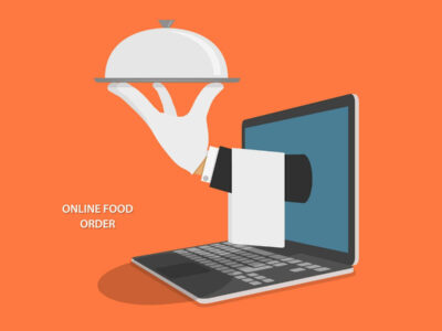 Online Food Delivery Isometric Flat Vector Concept. Hand Of Water With Dish And Towel Appeared From Laptop.