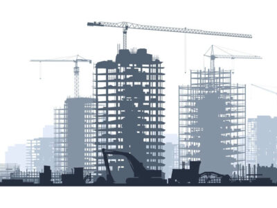 Line of silhouettes illustration of construction site with cranes and skyscraper with tractors, bulldozers, excavators and grader in blue tone.