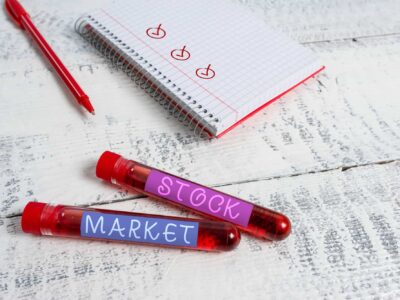 Handwriting text Stock Market. Conceptual photo Particular market where stocks and bonds are traded or exhange Extracted blood sample vial with medical accessories ready for examination