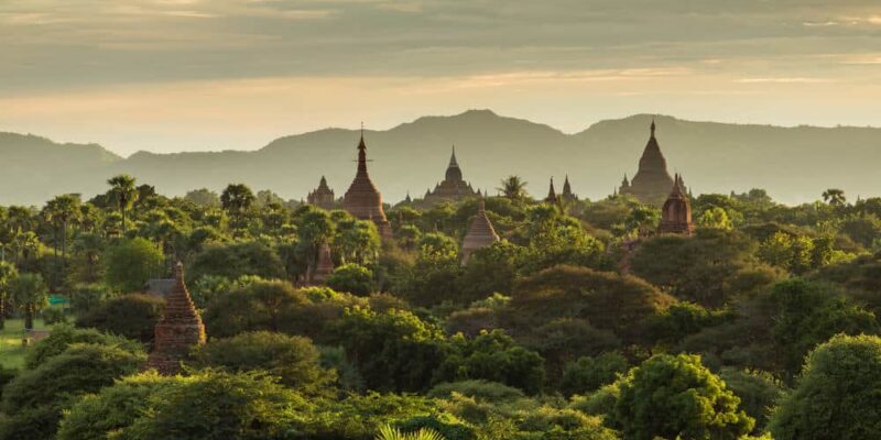 Beautiful sunrise over the ancient pagodas in Bagan, Myanmar