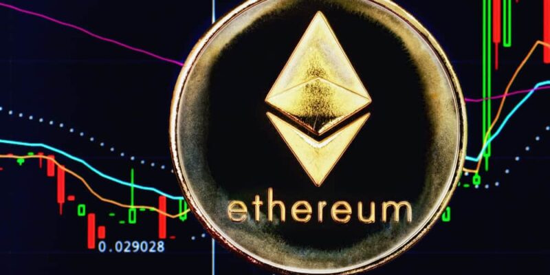 Ethereum. Crypto currency. Ethereum golden coin on a chart. Blockchain technology