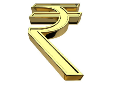 3D rendering of Indian rupee currency symbol, gold isolated on white background. Front view from below.