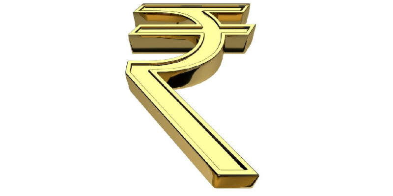3D rendering of Indian rupee currency symbol, gold isolated on white background. Front view from below.