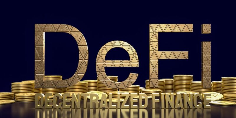 The defi farming gold word and gold coins for cryptocurrency business concept 3d rendering