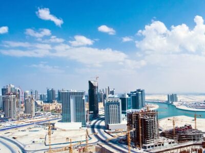 Panoramic image of Dubai city, modern cityscape, downtown with blue sky, luxury new high-tech city at Middle East, United Arab Emirates
