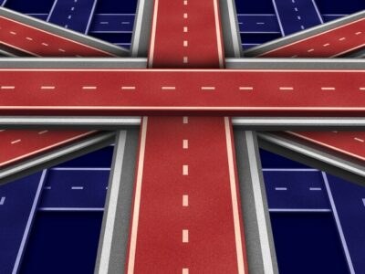 Great Britain highway Flag in perspective as a three dimensional symbol made of intersecting roads to form an icon of British economic growth