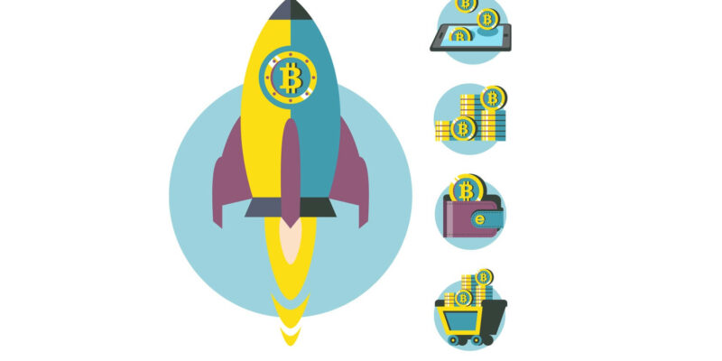 Bitcoin mining. Conceptual illustration. Bitcoin mining icons. Vector clipart.
