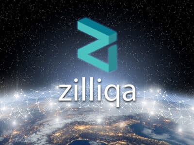 Concept of Zilliqa coin floating over world network, a Cryptocurrency blockchain platform , Digital money