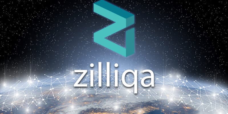 Concept of Zilliqa coin floating over world network, a Cryptocurrency blockchain platform , Digital money