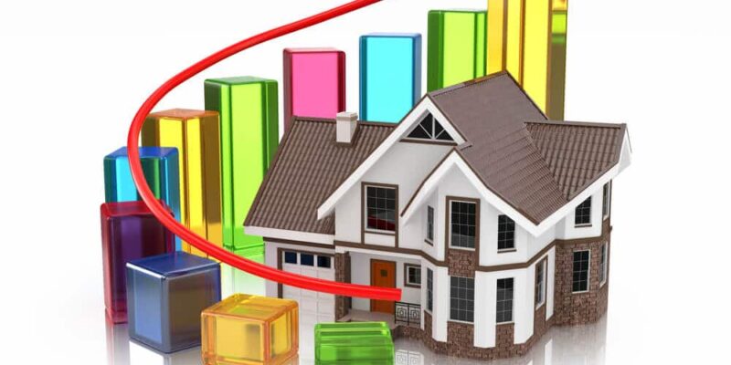 Growth of real estate market House and graph. 3d