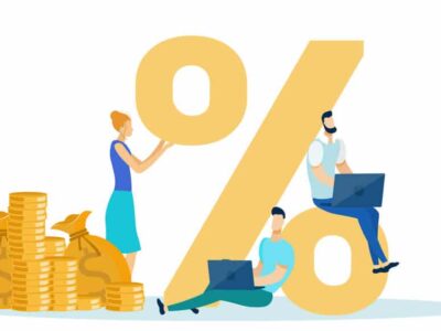 Percentage Rate Income Profit Concept Flat Cartoon Vector Illustration. Percent Dimensional Symbol with Cash Money Piles and Sacks.