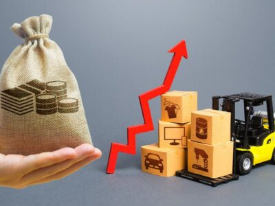 Money bag, forklift with boxes and red arrow up. Growth of performance production of goods