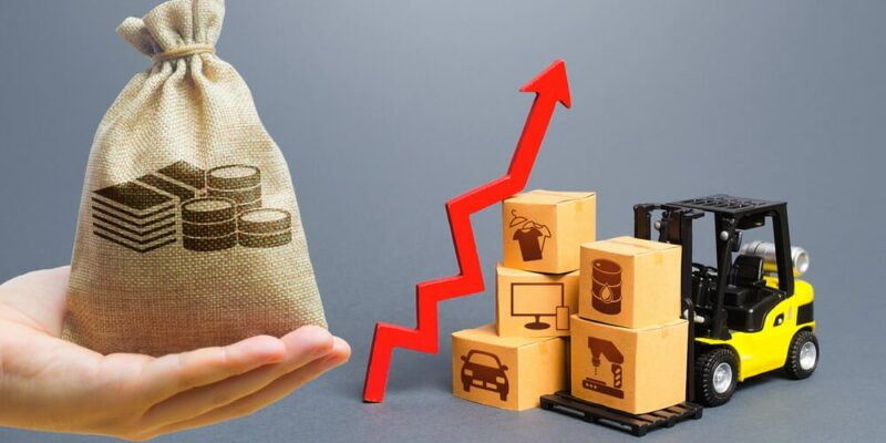 Money bag, forklift with boxes and red arrow up. Growth of performance production of goods