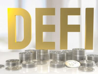 The gold Defibrillates word and silver coins for business or crypto currency concept 3d rendering.