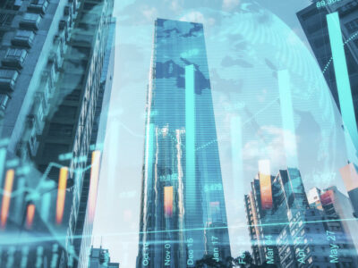 Abstract city background with glowing globe and forex chart. Trade and finance concept. Double exposure
