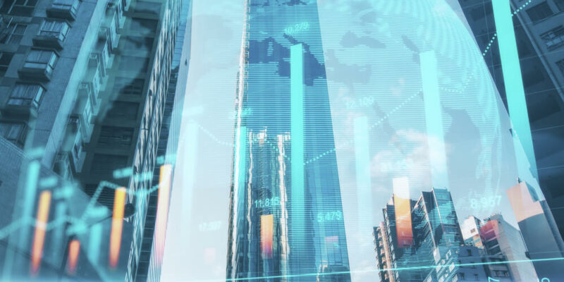 Abstract city background with glowing globe and forex chart. Trade and finance concept. Double exposure